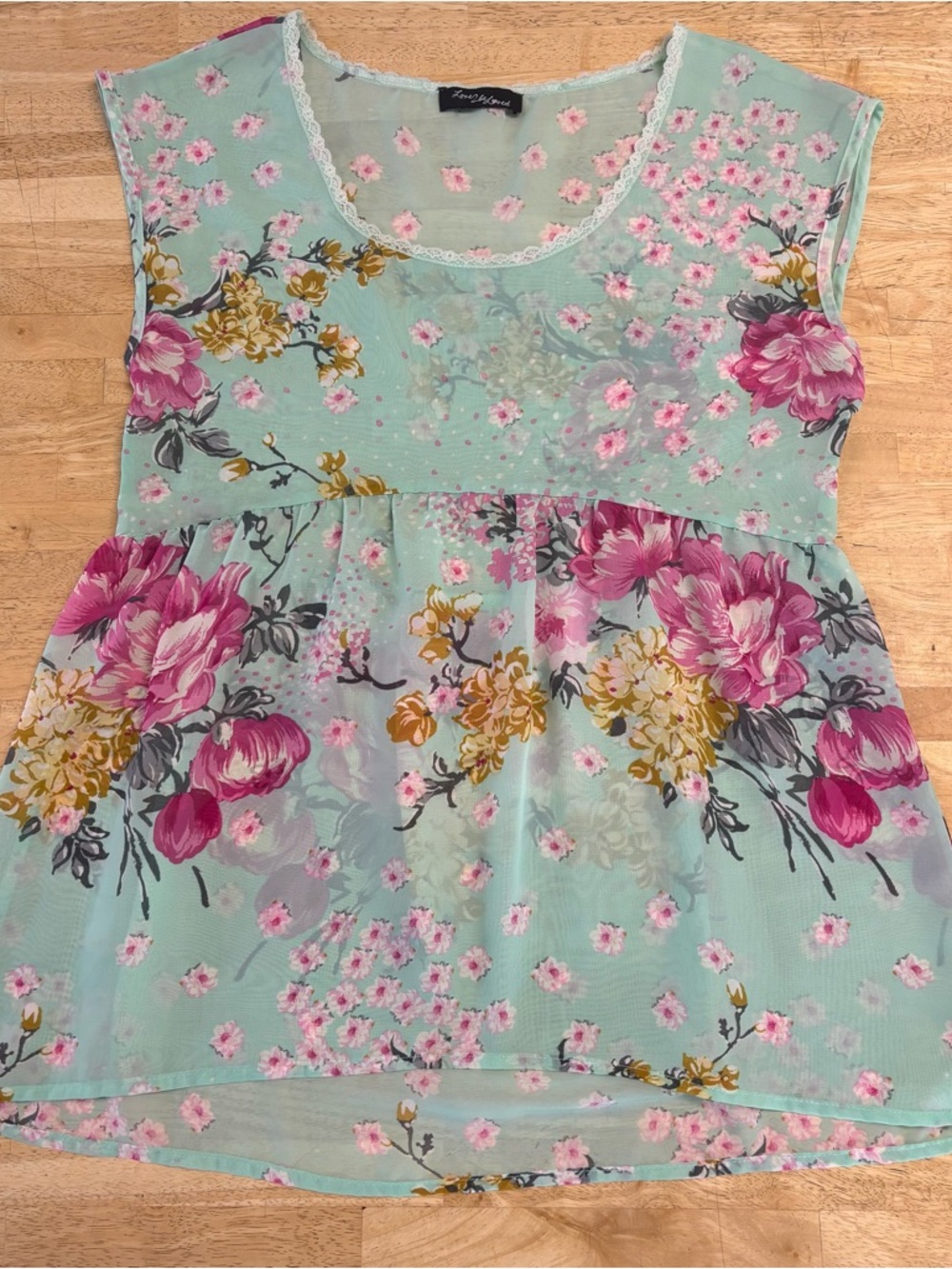 Floral Scoop-Neck High Low Sheer Tunic Blouse Mint with Pink Floral Empire Waist